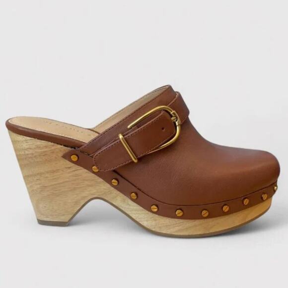 Veronica Beard Shoes - Veronica Beard Hendrix Clogs Brown Leather Chunky Platform Wooden Heel Size 7.5M